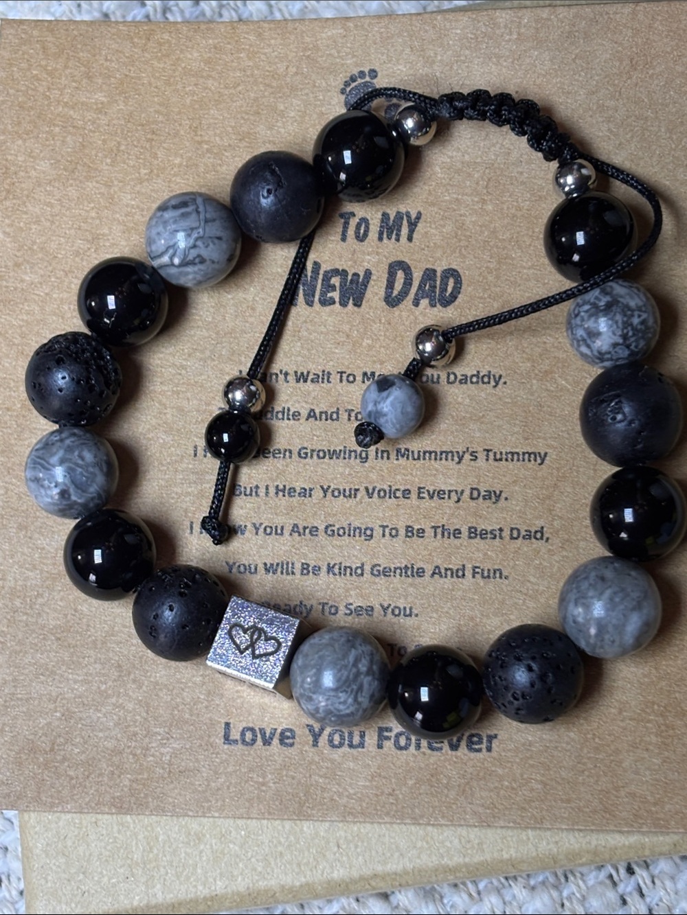 New Dad Men's Adjustable Beaded Bracelet in Black and Gray